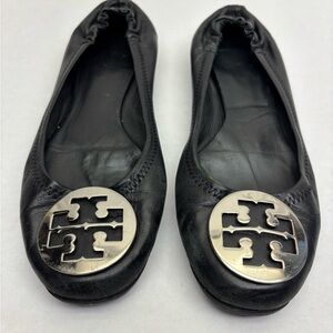 Tory Burch Black Leather Logo Ballet Flats with Silver Medallions